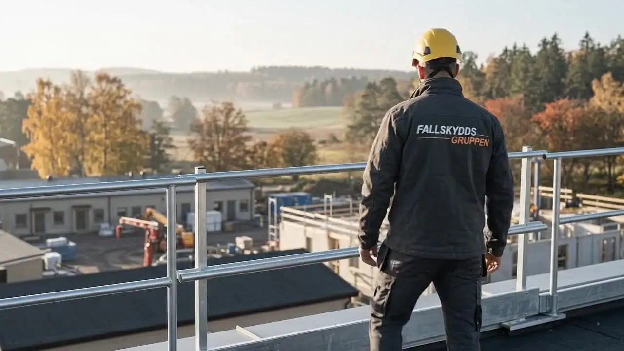 En byggarbetare med Fallskyddsgruppens logotyp på jackan blickar ut över en arbetsplats i höstljus